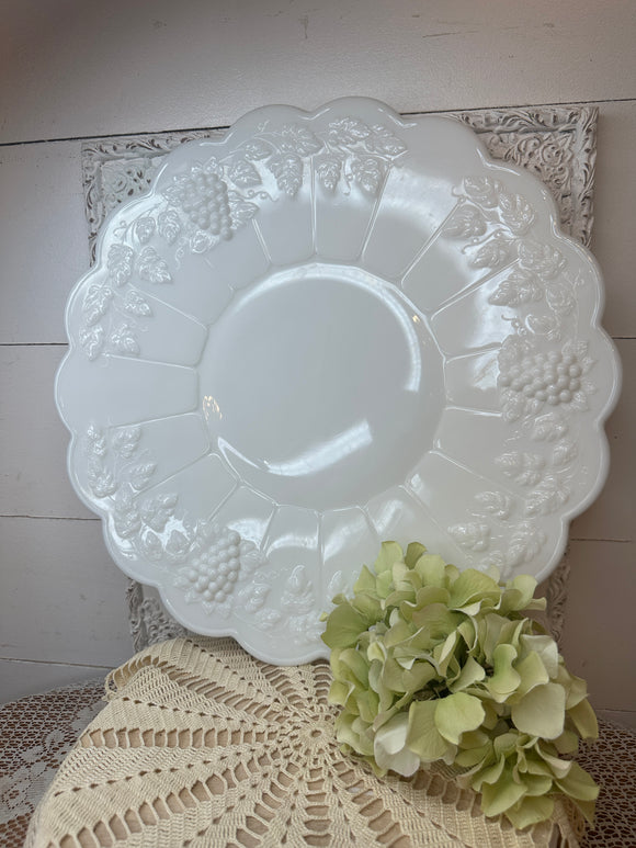 MILK GLASS LARGE GRAPE MOTIF VINTAGE PLATTER