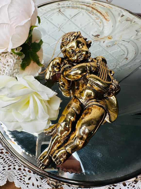 GOLDEN MUSICAL CHERUB AMAZING VINTAGE STATUETTE ORNAMENT