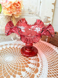 X RARE XL FENTON HAND PAINTED RUFFLE DISH COMPOTE