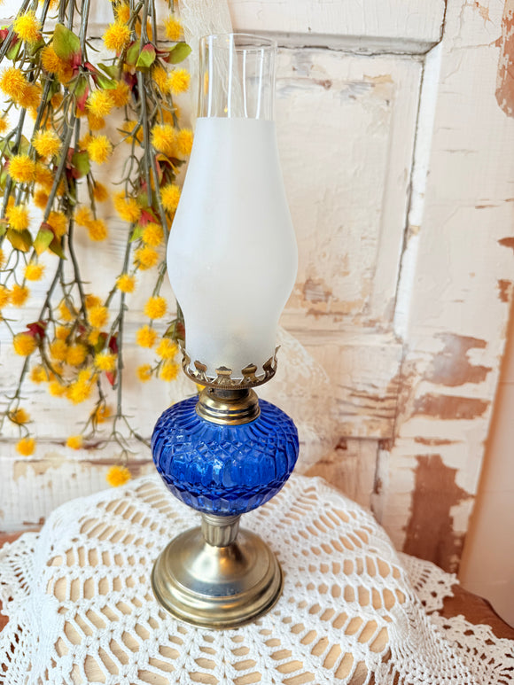 BLUE GLASS VINTAGE HURRICANE LAMP