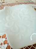 VINTAGE MILK GLASS SCROLLY DISH ON PEDESTAL