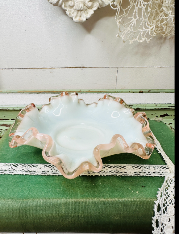PINK CREST VINTAGE MILK GLASS FENTON DISH