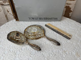 ANTIQUE SILVER DETAILED SET - BRUSH, MIRROR, COMB - 2 SETS AVAILABLE