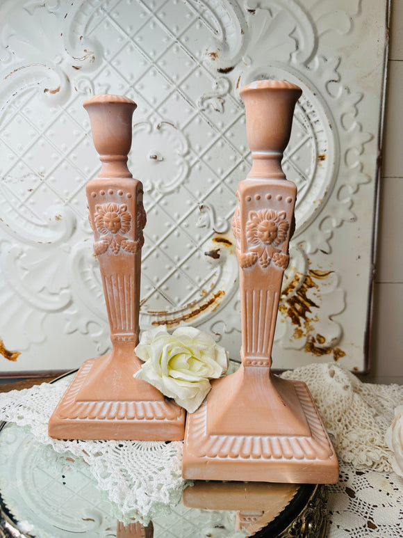 PAIR OF LION TERRA COTTA VINTAGE CANDLESTICK HOLDERS