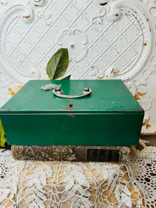 GREEN VINTAGE METAL CASH BOX WITH KEY