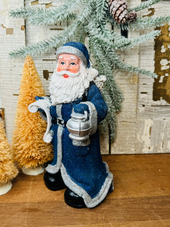 NAVY BLUE AND SILVER SANTA SPARKLY VINTAGE STATUETTE