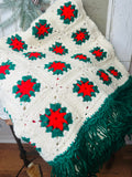 HANDMADE RED AND GREEN ROSETTE TASSLE AFGHAN VINTAGE