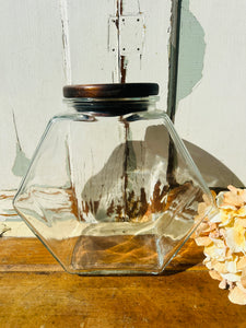 GLASS ANTIQUE LARGE HEXAGONAL PHARMACY JAR WITH WOODEN TOP
