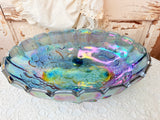 VINTAGE AMAZING CARNIVAL GLASS SCALLOPED ORNATE FOOTED BOWL