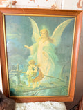 VINTAGE WOOD FRAMED “ANGEL WATCHING OVER CHILDREN” ART WORK