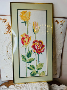 XL HANDMADE FLORAL NEEDLEPOINT FRAMED VINTAGE ART