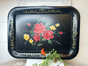 LARGE FLORAL TOLE TRAY HANDPAINTED VINTAGE RECTANGLE