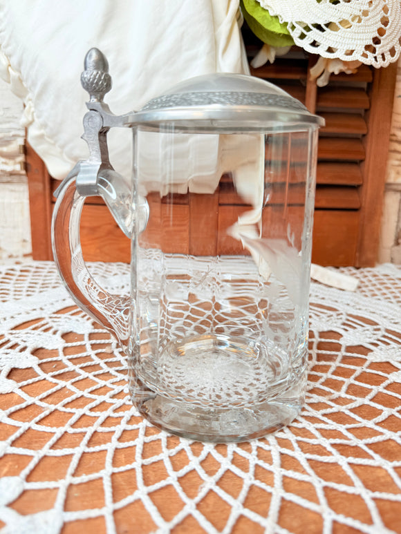 ETCHED VINTAGE ALUMINUM TOP GLASS STEIN