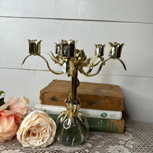 GOLDEN FLORAL CANDELABRA WITH GLASS BALL BASE