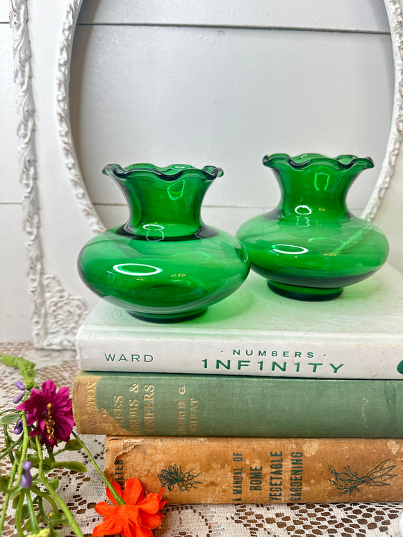 GREEN GLASS SCALLOPED VINTAGE VASE - 2 AVAILABLE