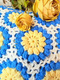VINTAGE HAND CROCHETED BLUE AND YELLOW AFGHAN