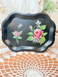 VINTAGE ORNATE HAND PAINTED FLORAL BLACK AND VIBRANT TOLE TRAY