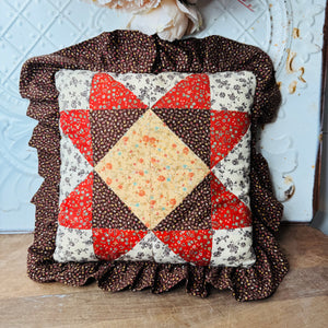 VINTAGE ORNATE QUILT RUFFLE THROW PILLOW