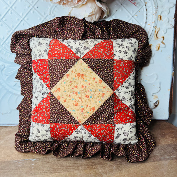 VINTAGE ORNATE QUILT RUFFLE THROW PILLOW