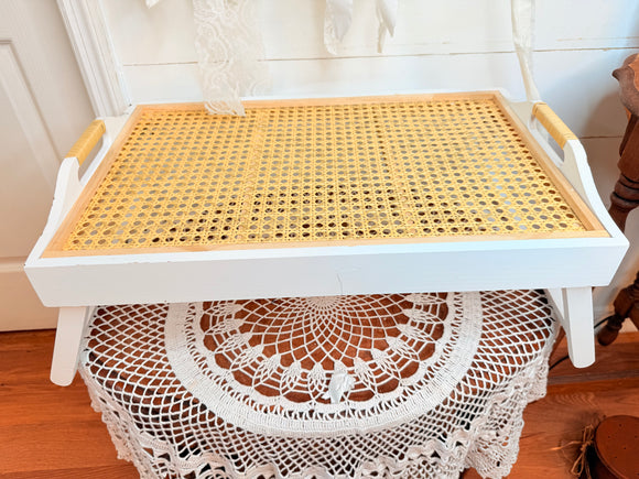 VINTAGE WOOD AND RATTAN BREAKFAST TRAY