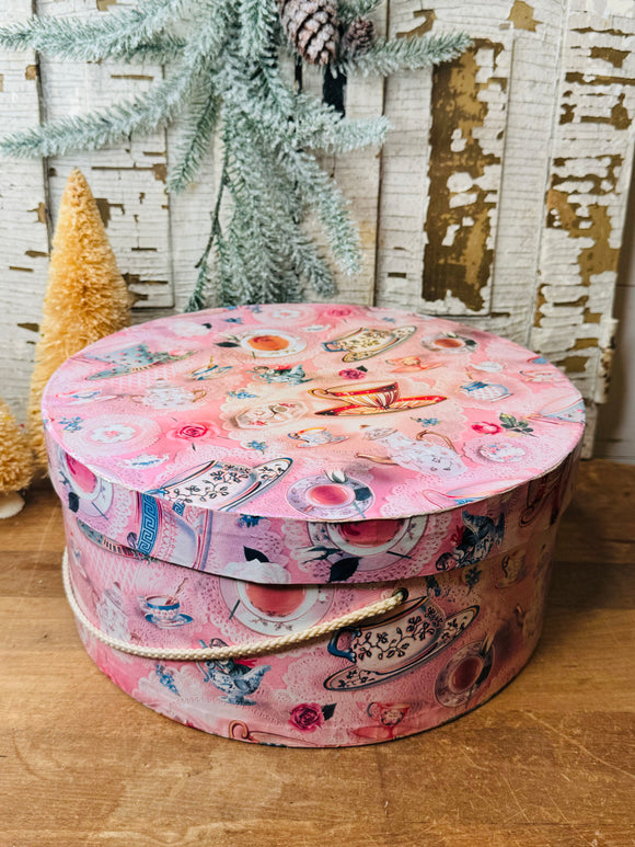 LARGE ROUND VINTAGE HAT BOX - TEA PARTY