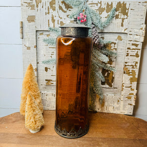 AMBER GLASS APOTHECARY JAR WITH METAL TRIM VINTAGE - XL