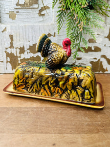 THANKSGIVING TURKEY VINTAGE HANDPAINTED BUTTER DISH AND LID