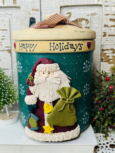 PRIMITIVE STYLE SANTA HAPPY HOLIDAYS LARGE COOKIE JAR VINTAGE