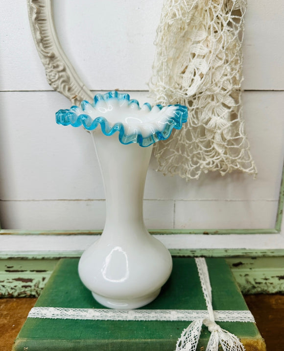 BLUE CREST MILK GLASS VINTAGE FENTON VASE