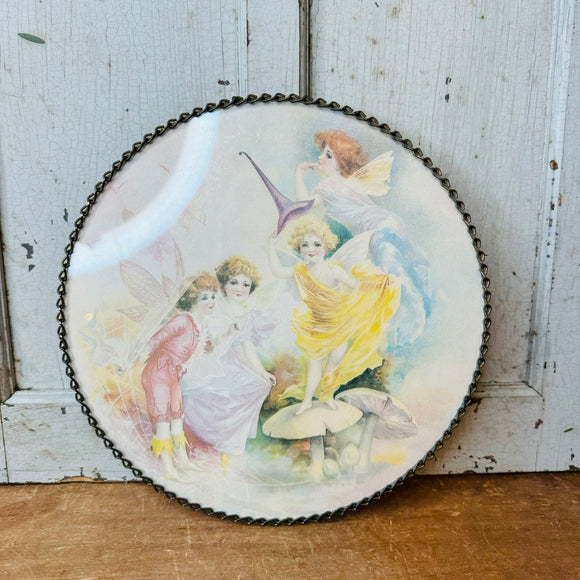 FAIRIES IN THE GARDEN VINTAGE CIRCULAR ART HANGING DECOR