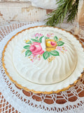 VINTAGE ROSE FLORAL SWIRL BOWL AND TOPPER 22 k GOLD