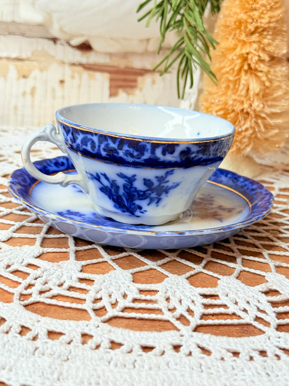 ANTIQUE FLOW BLUE TEACUP AND SAUCER SET - 4 SETS AVAILABLE