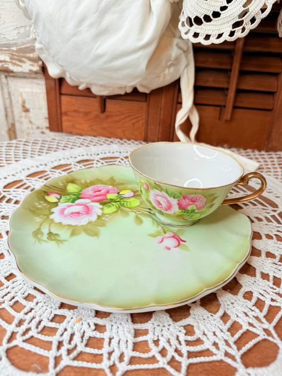2 PIECE LEFTON PINK ROSE ON GREEN TEACUP AND PLATE ORNATE SET - 2 SETS AVAILABLE