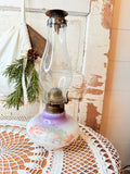 VINTAGE BEAUTIFUL PAINTED OIL LAMP WITH HURRICANE GLASS TOP