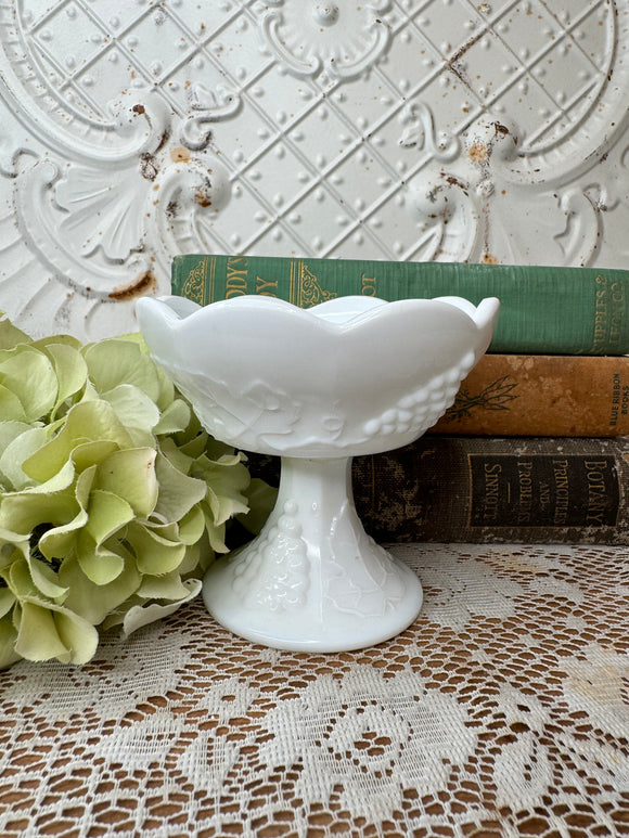 LARGE ORNATE MILK GLASS DETAILED CANDLESTICK HOLDER SCALLOPED GRAPE MOTIF - 3 AVAILABLE