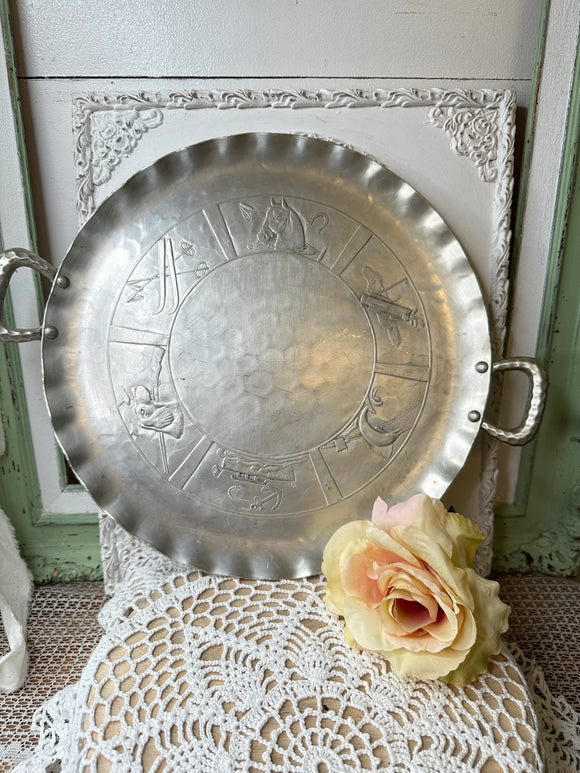 HORSE DETAIL VINTAGE ALUMINUM LARGE PLATTER WITH HANDLES