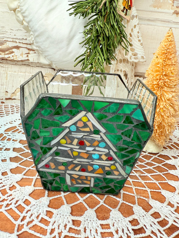 VINTAGE STAINED GLASS MOSAIX CHRISTMAS TREE CANDLE HOLDER DECOR