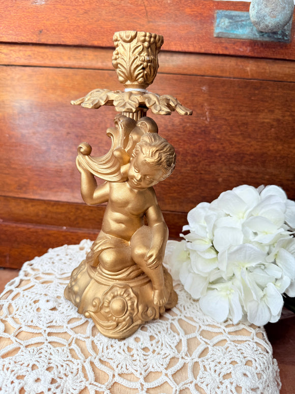 ORNATE BRASS CHERUB VINTAGE CANDLESTICK HOLDER