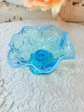 VINTAGE FENTON BLUE OPALESCENT GLASS SCALLOPED ORNATE COMPOTE