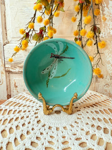 GLAZED POTTERY DRAGONFLY DISH HAND PAINTED