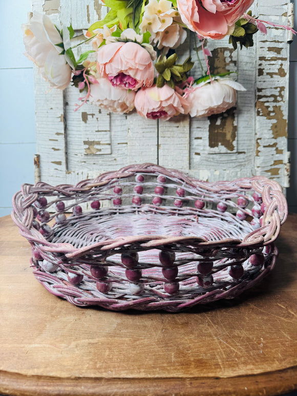CRANBERRY WICKER VINTAGE ORNATE BEADED BASKET