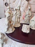 VINTAGE 10 PIECE PORCELAIN NATIVITY SET WITH WOOD BASE AND BOX