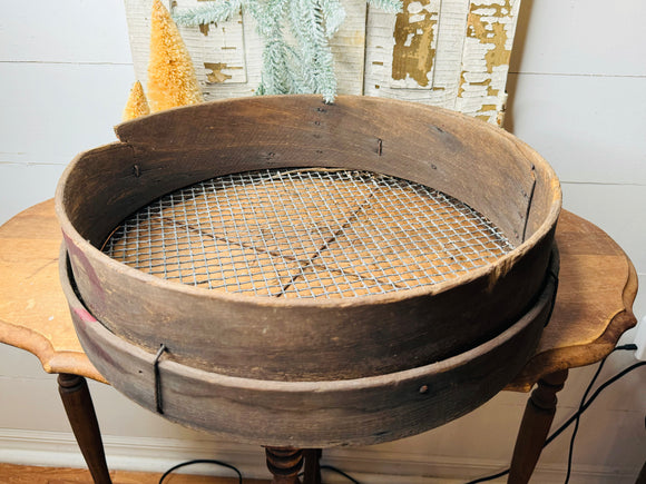 ANTIQUE WOOD WITH METAL COAL SIFTER SIEVE