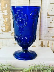 XL COBALT BLUE VINTAGE ORNATE DETAILED VASE ON PEDESTAL