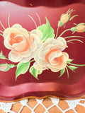 VINTAGE ORNATE HAND PAINTED FLORAL BURGUNDY TOLE TRAY