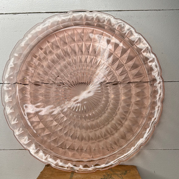 VINTAGE LARGE PINK DEPRESSION GLASS CAKE PLATE