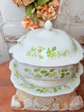 VINTAGE IRONSTONE TUREEN WITH GREEN FLORALS AND TRAY