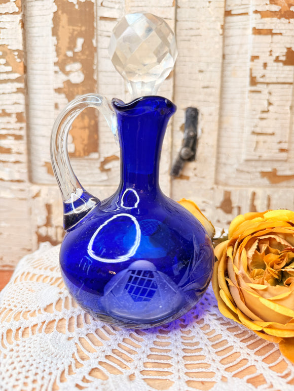 VINTAGE CZECH COBALT BLUE ETCHED ROSE GLASS WITH CRYSTAL TOP CRUET