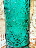 VINTAGE TALL TEAL GLASS GRAPE MOTIF ORNATE BOTTLE DECOR