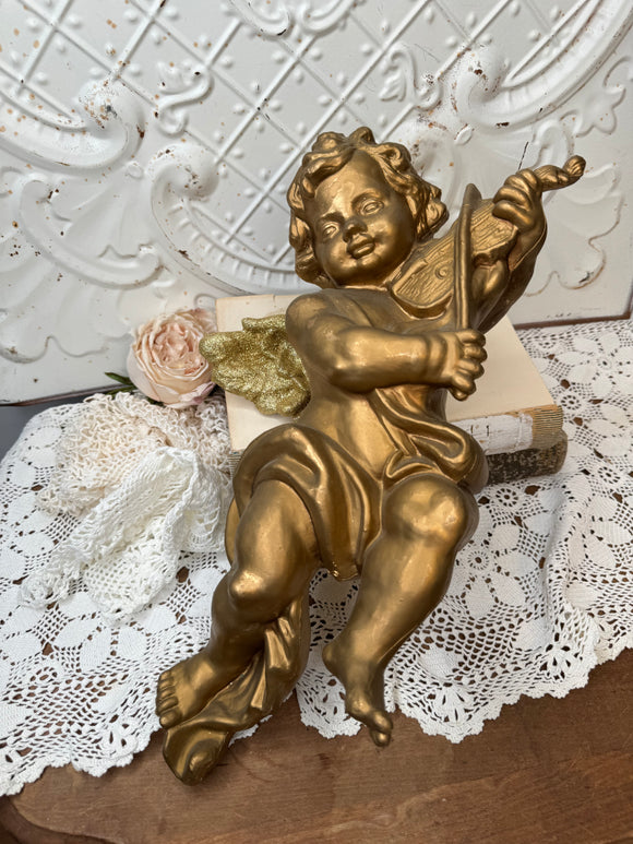 BRONZE ANGEL MUSICIAN WITH GLITTER WINGS DECOR